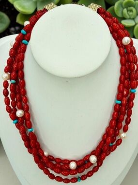 Carolyn Pollack American West Red Coral Turquoise GenuinePearl 5 Strand Necklace